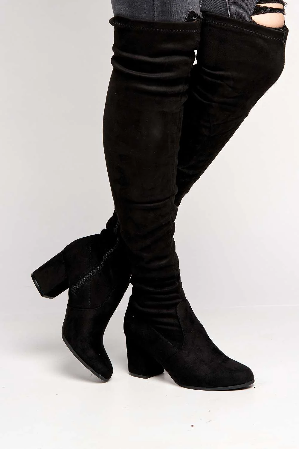 Jayda Over The Knee Block Heel Boots in Black - Image 2
