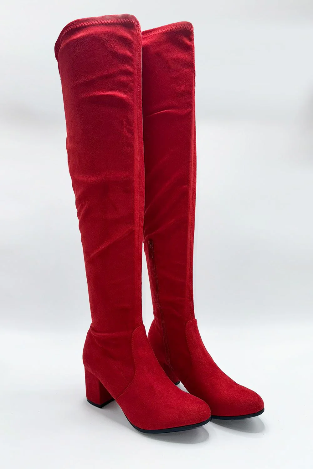 Jayda Over The Knee Block Heel Boots in Red Suede - Image 3