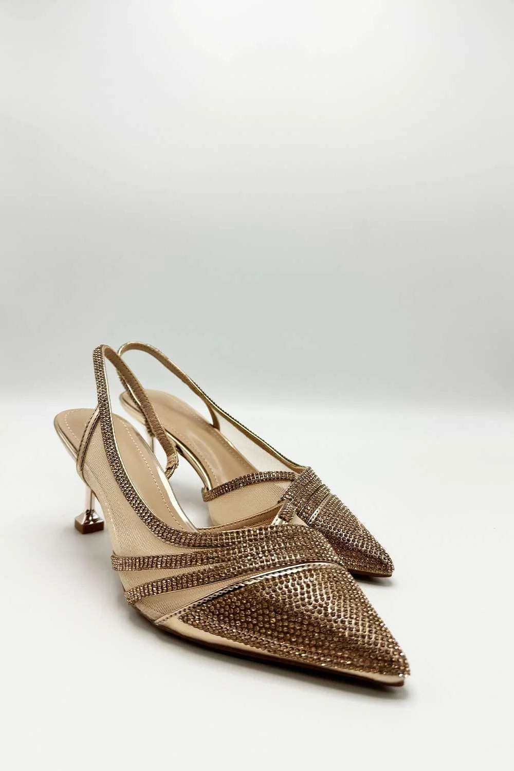 Jenn Mesh Detail Diamante Embellished Court Shoes in Champagne - Image 2