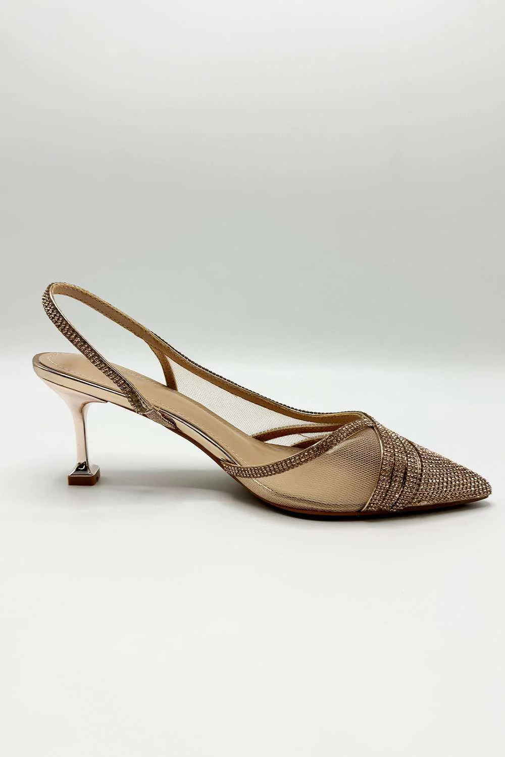 Jenn Mesh Detail Diamante Embellished Court Shoes in Champagne - Image 3