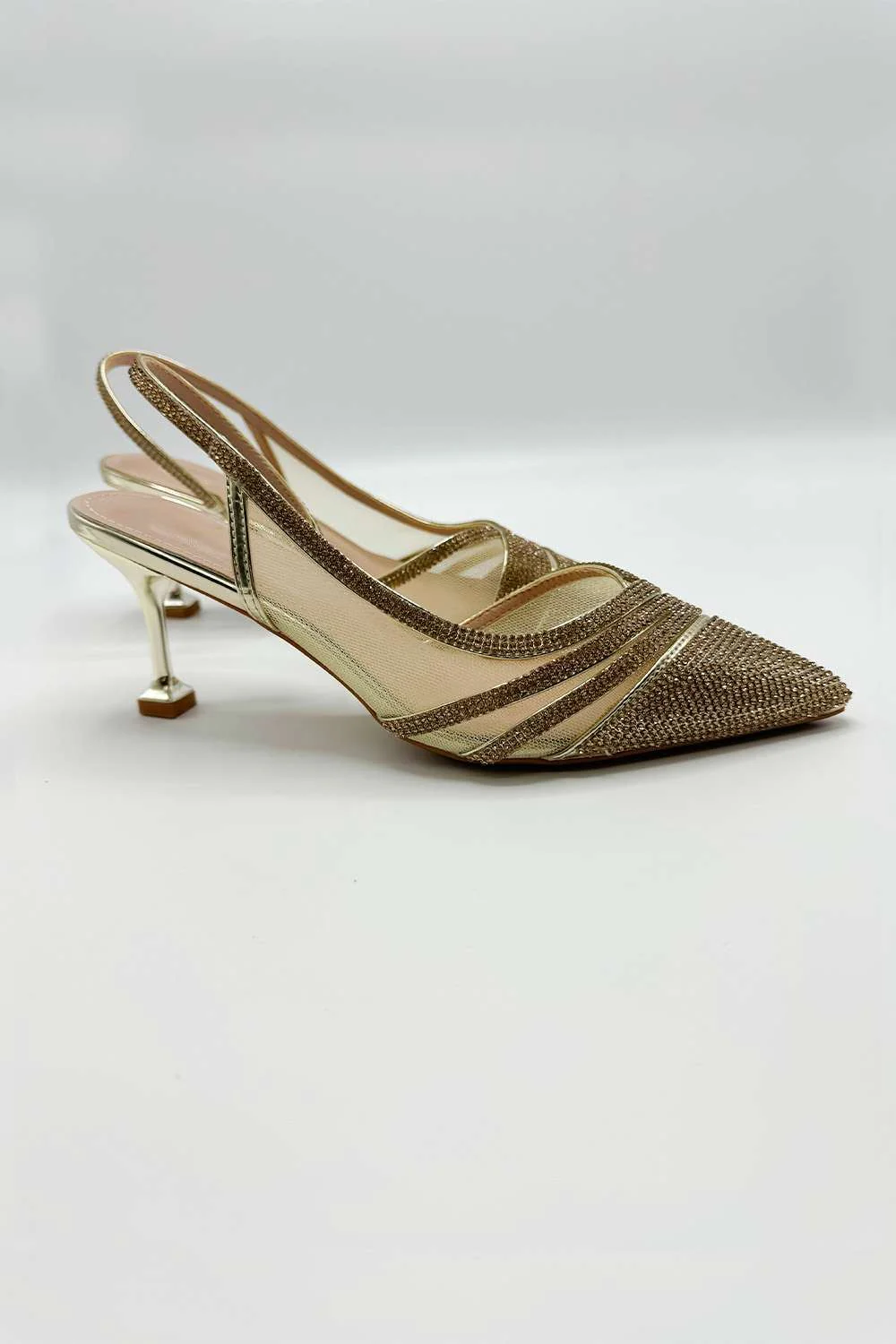 Jenn Mesh Detail Diamante Embellished Court Shoes in Gold - Image 2