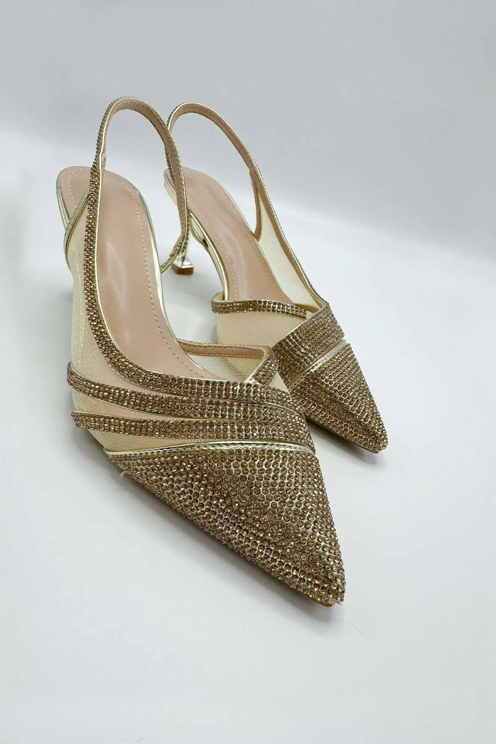 Jenn Mesh Detail Diamante Embellished Court Shoes in Gold - Image 3