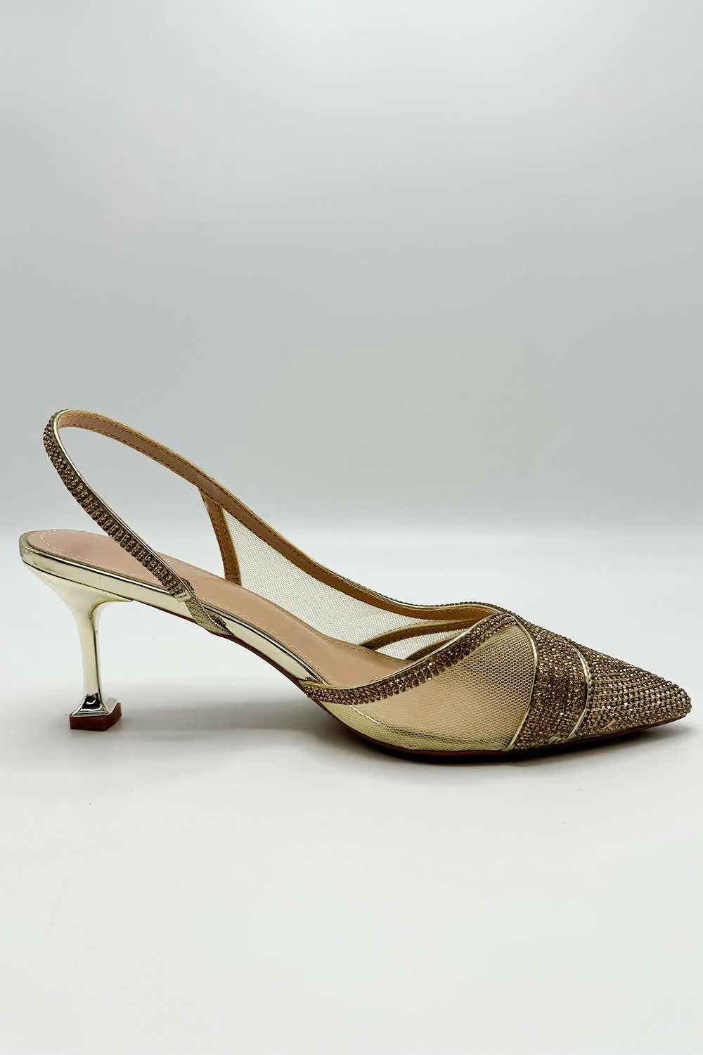 Jenn Mesh Detail Diamante Embellished Court Shoes in Gold - Image 4
