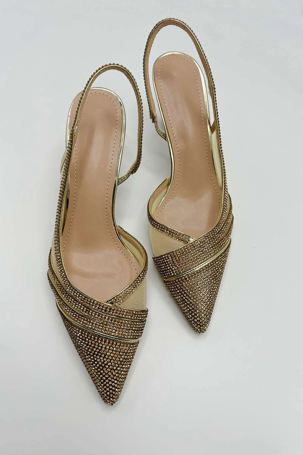 Jenn Mesh Detail Diamante Embellished Court Shoes in Gold - Image 5