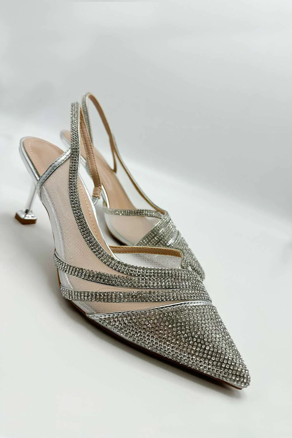 Jenn Mesh Detail Diamante Embellished Court Shoes in Silver - Image 4