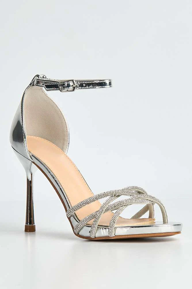 Jeriah Crossover Diamante Strap Platform Heeled Sandal in Silver - Image 4