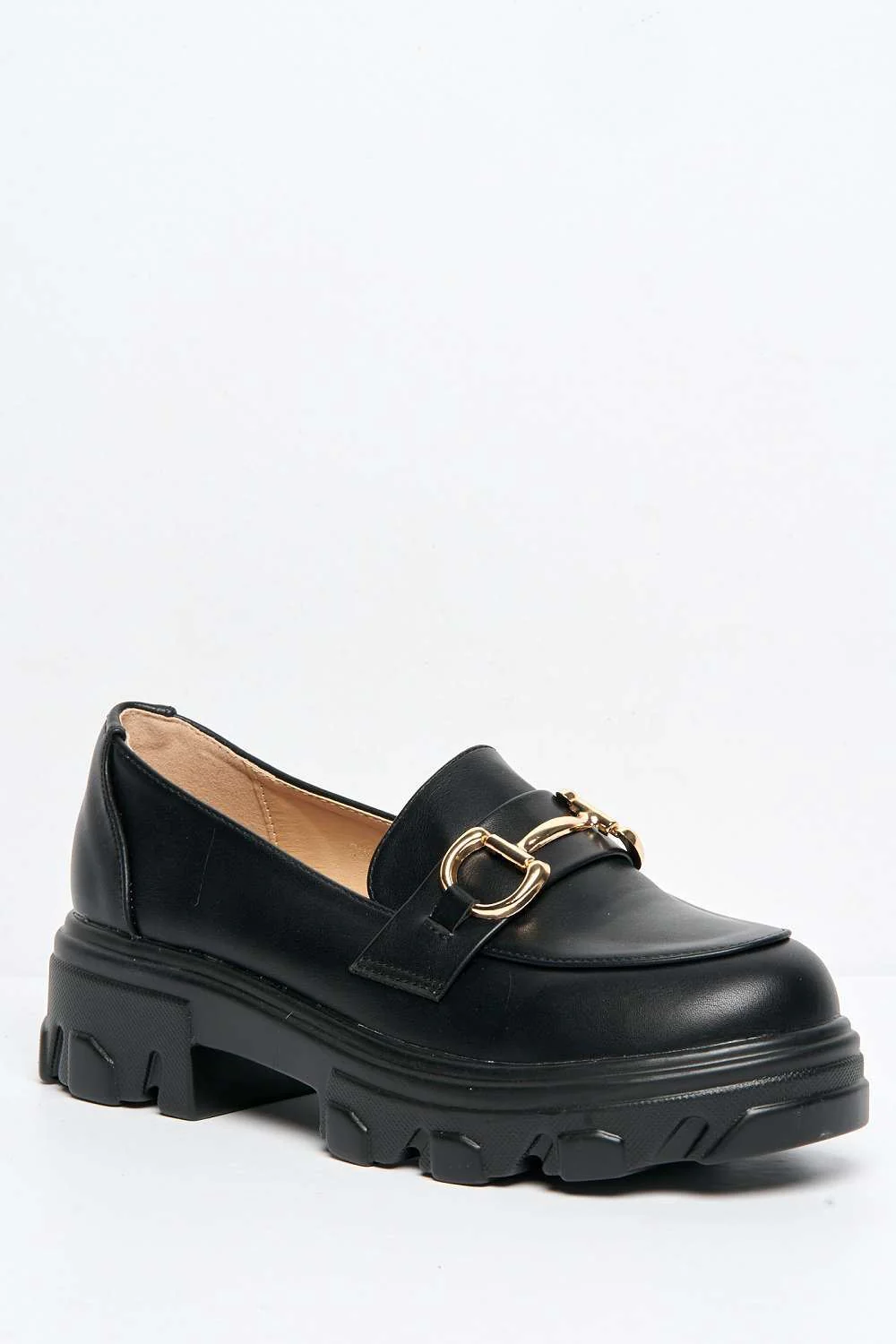 Jocelyn Link Detail Chunky Sole Loafers in Black Matt - Image 4