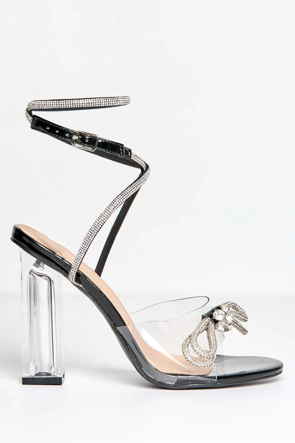 Joovie Diamante Bow Perspex Band Heeled Sandals in Black Patent - Image 4