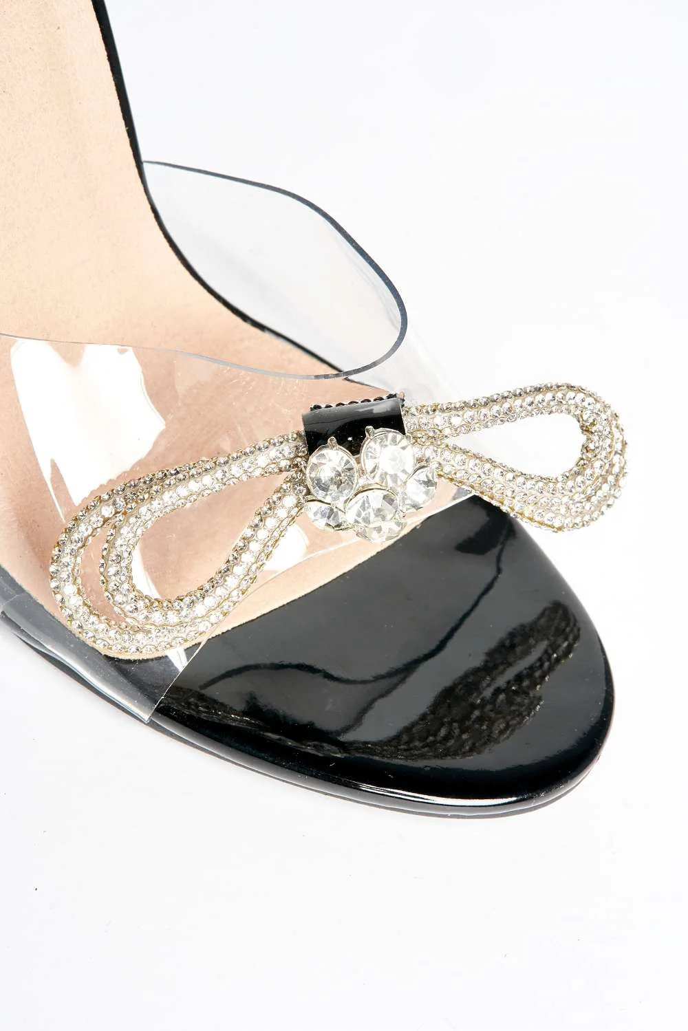 Joovie Diamante Bow Perspex Band Heeled Sandals in Black Patent - Image 5