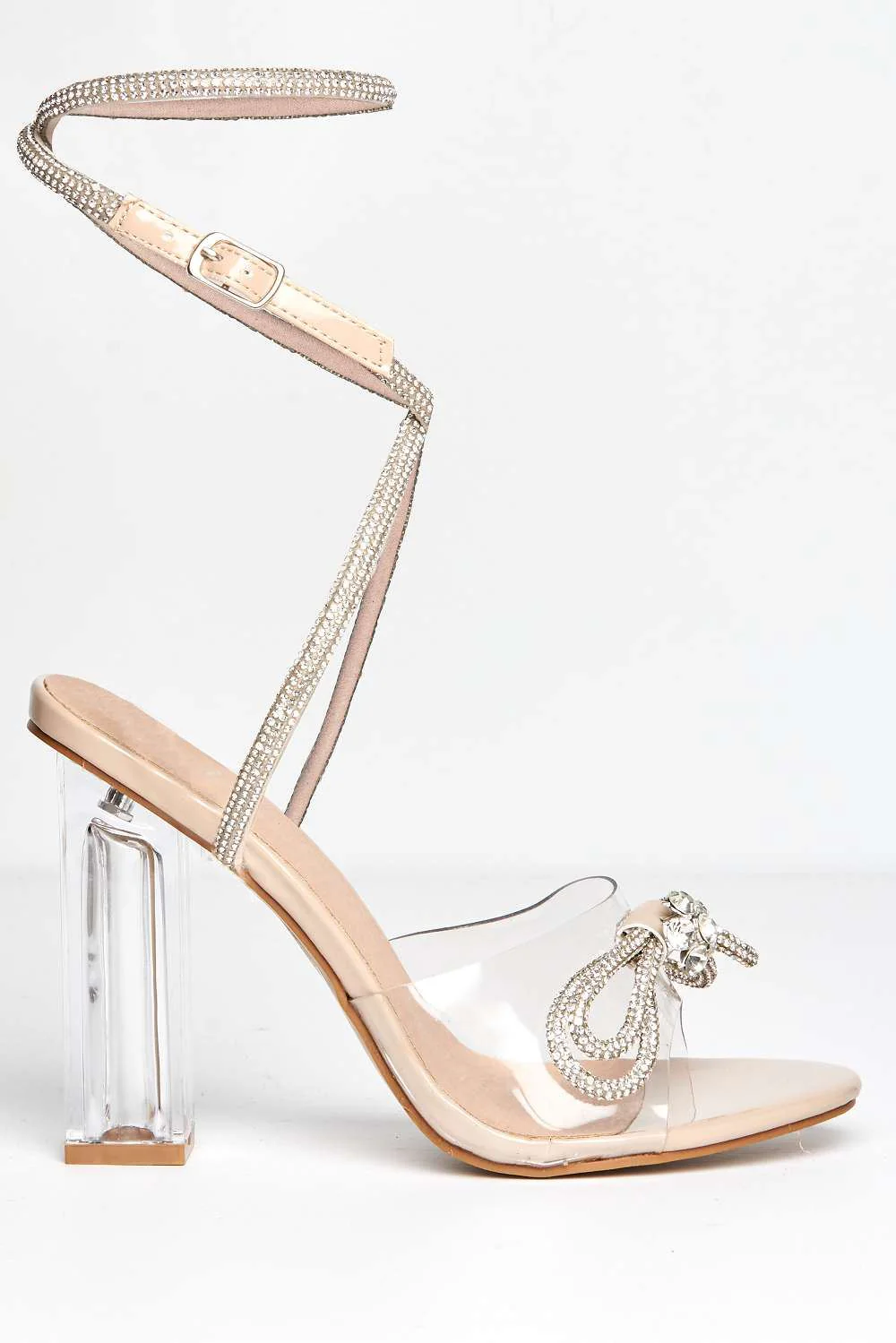 Joovie Diamante Bow Perspex Band Heeled Sandals in Nude Patent - Image 4