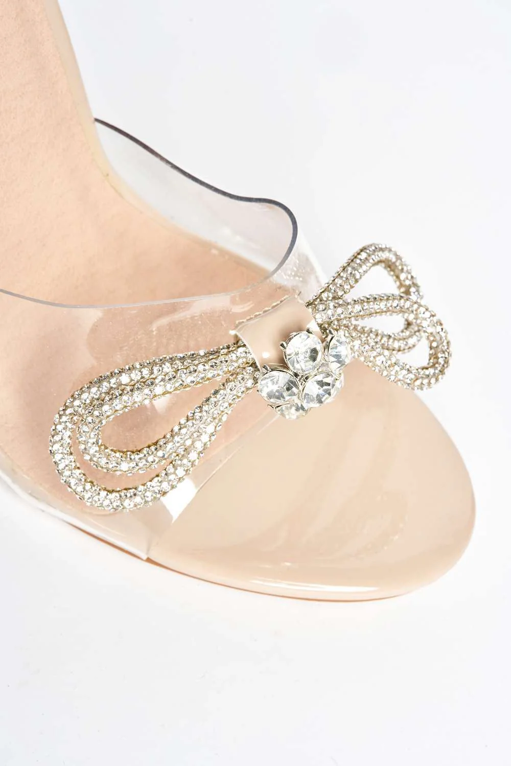 Joovie Diamante Bow Perspex Band Heeled Sandals in Nude Patent - Image 5