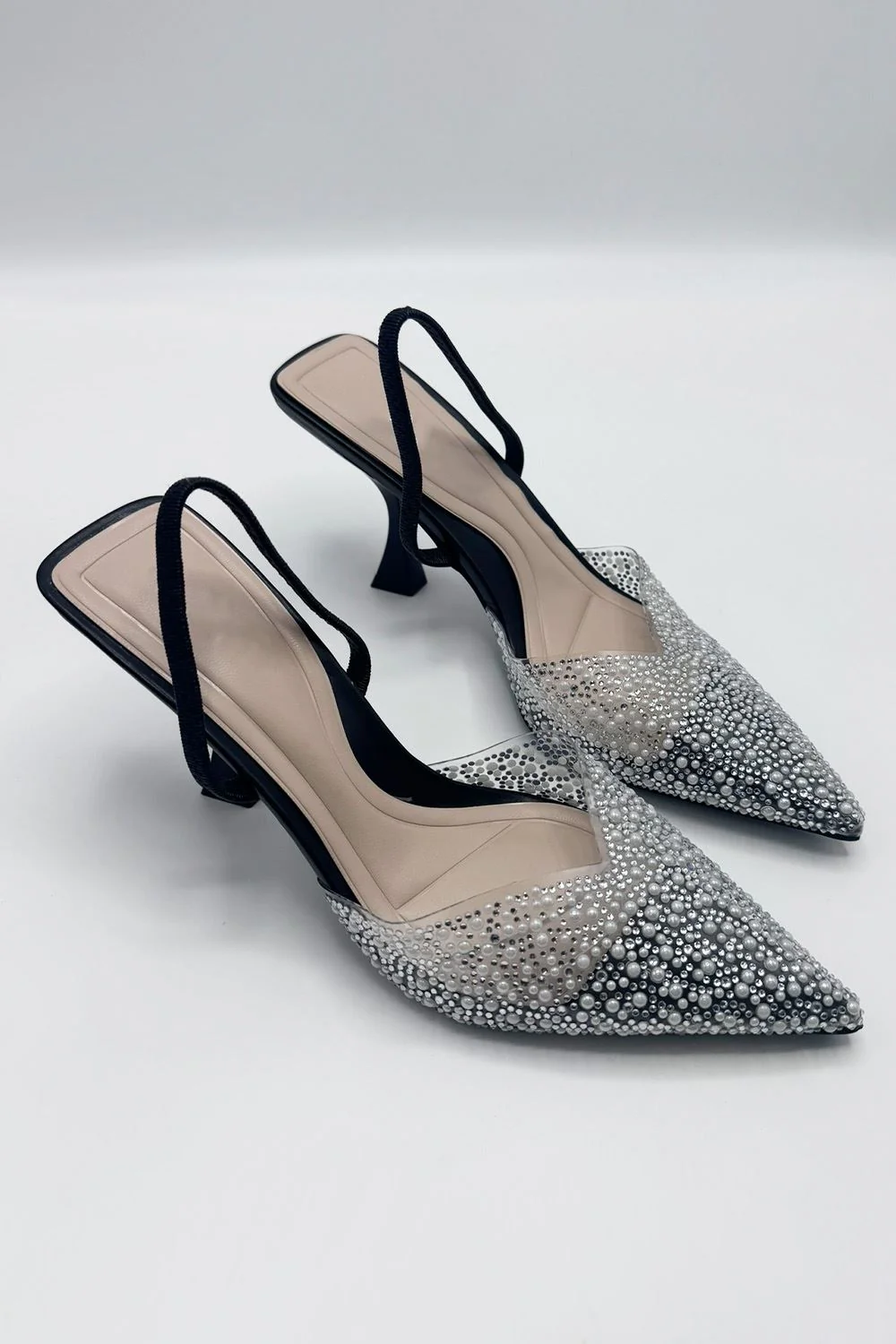 Juliana Pointed Toe Pearl Embellished Court Shoes in Black