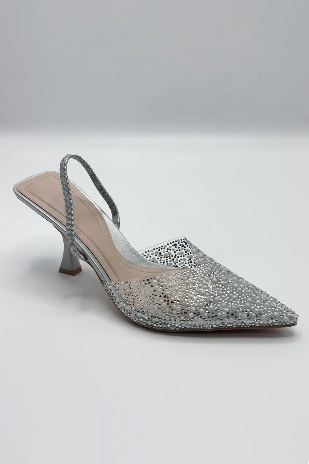 Juliana Pointed Toe Pearl Embellished Court Shoes in Silver - Image 2