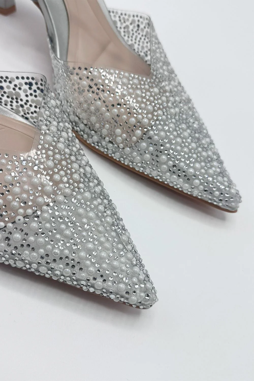 Juliana Pointed Toe Pearl Embellished Court Shoes in Silver - Image 4