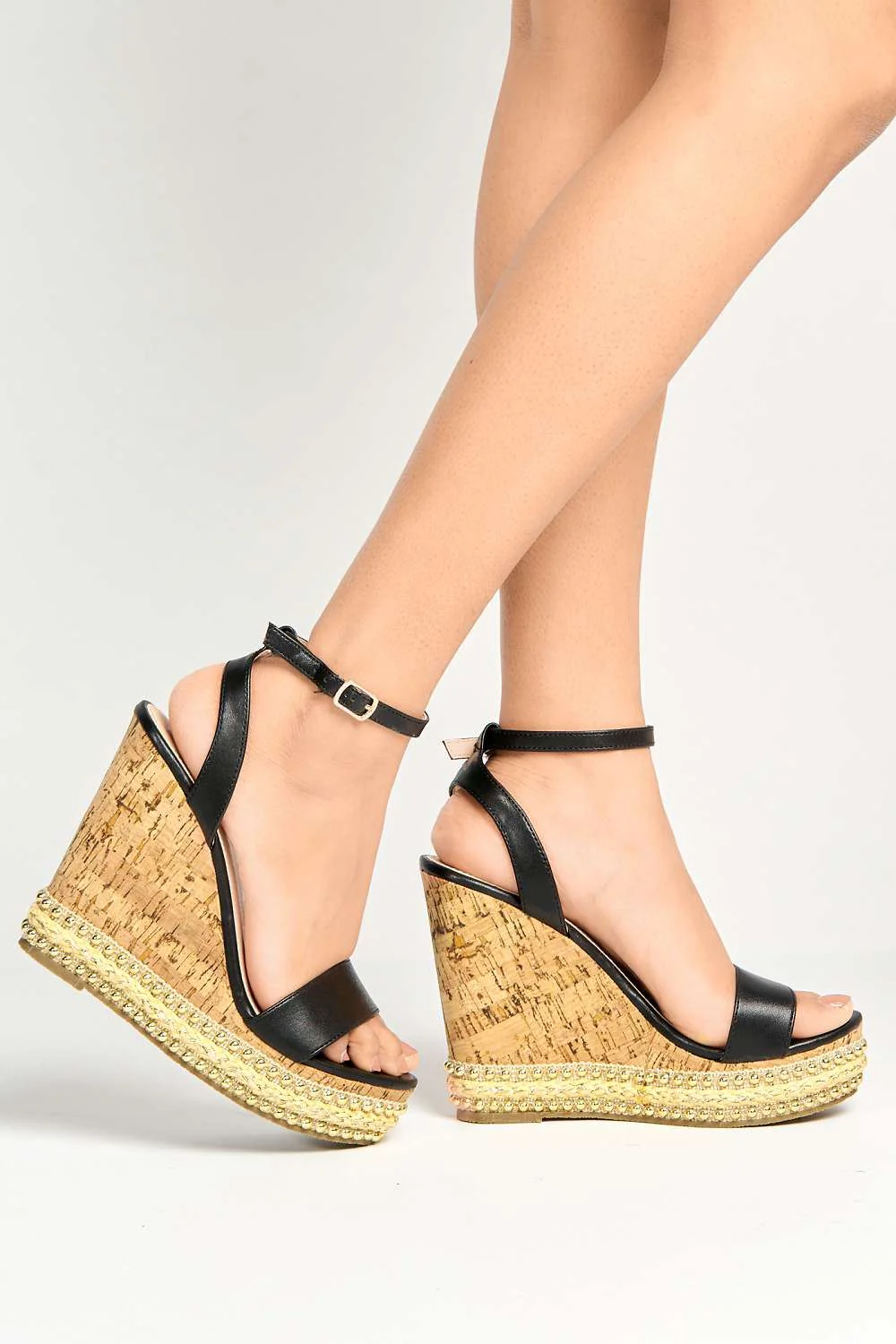 Junee Pearl Trim High Wedge Sandals in Black Matt - Image 2