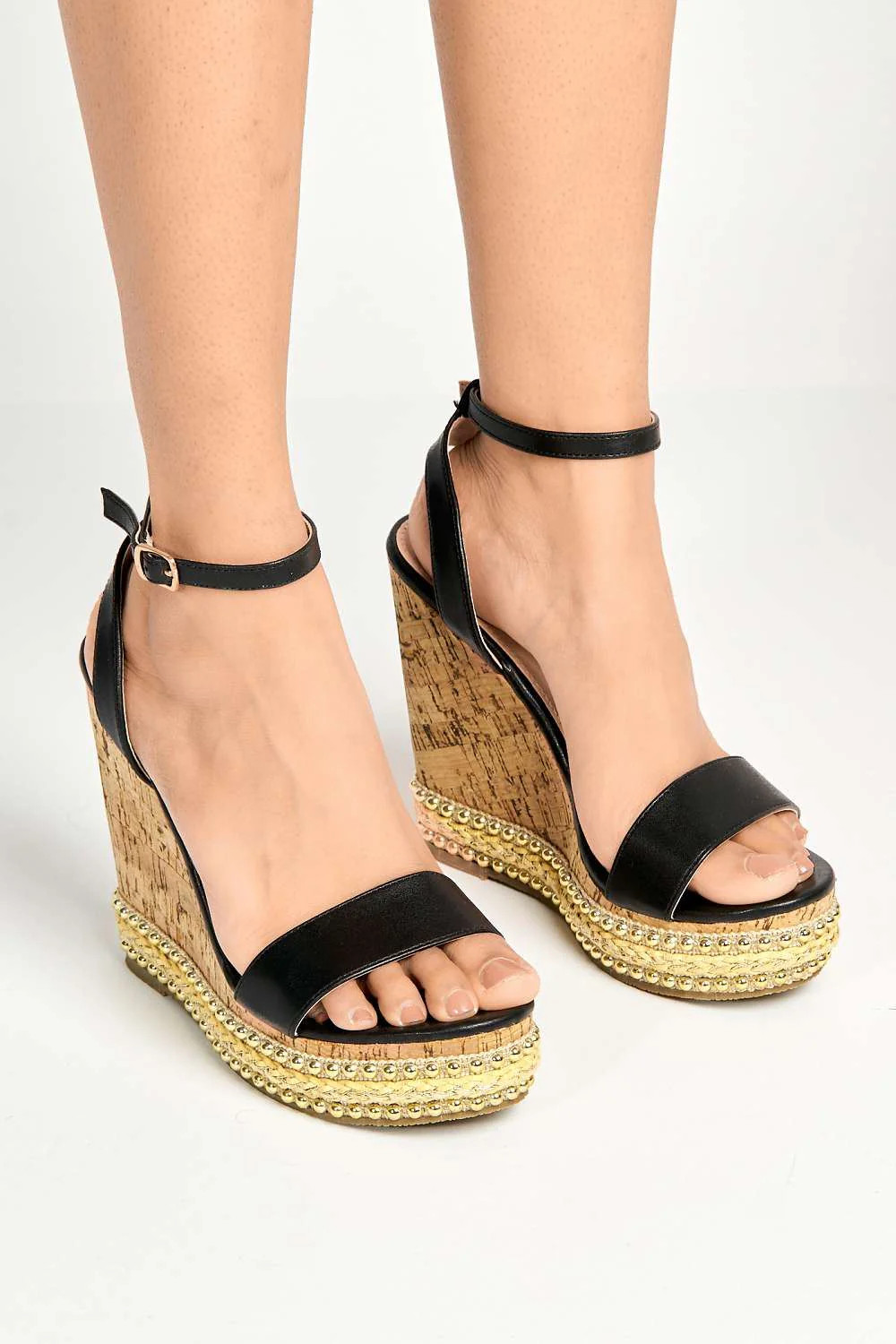 Junee Pearl Trim High Wedge Sandals in Black Matt - Image 3