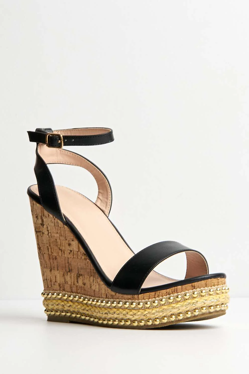 Junee Pearl Trim High Wedge Sandals in Black Matt - Image 4