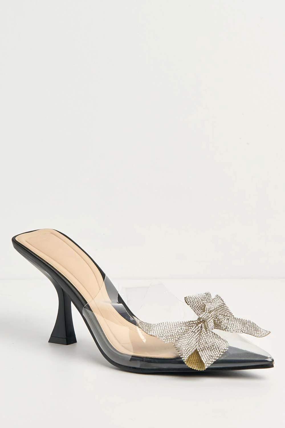 Juni Diamante Bow Detail Perspex Court Shoes in Black Patent - Image 4
