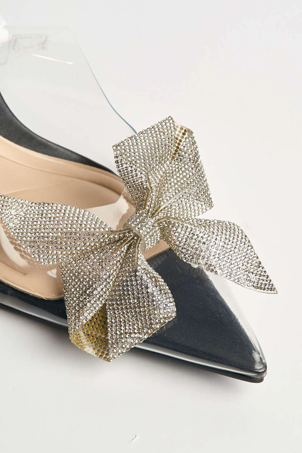 Juni Diamante Bow Detail Perspex Court Shoes in Black Patent - Image 6