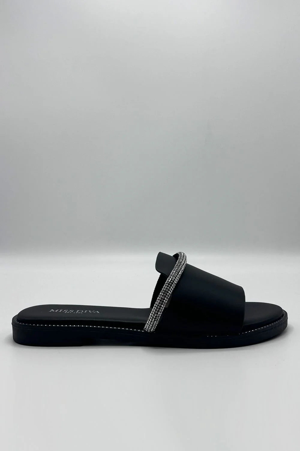 Kasya Diamante Band Stud Detailed Flat Sliders in Black - Image 3