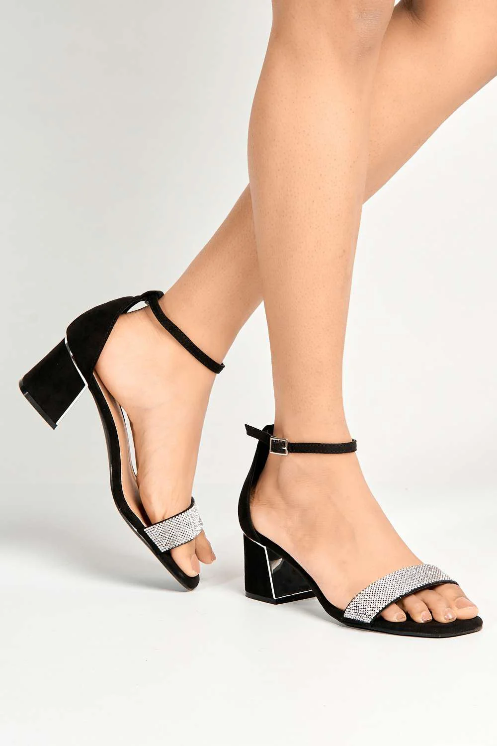 Kate Diamante Band Wide Fit Heeled Sandals in Black Suede
