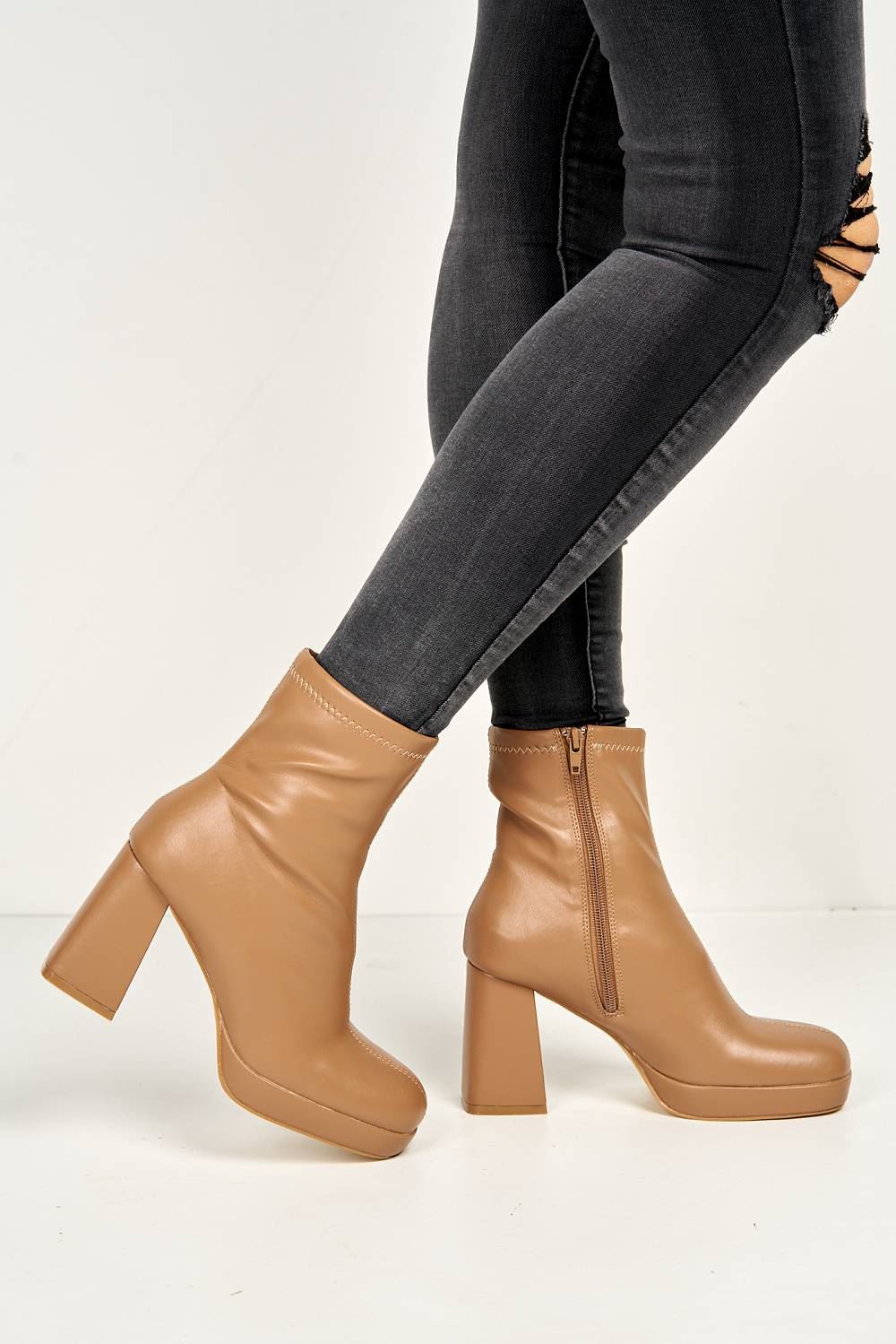 Katherine Platform Block Heel Ankle Boots in Camel - Image 2