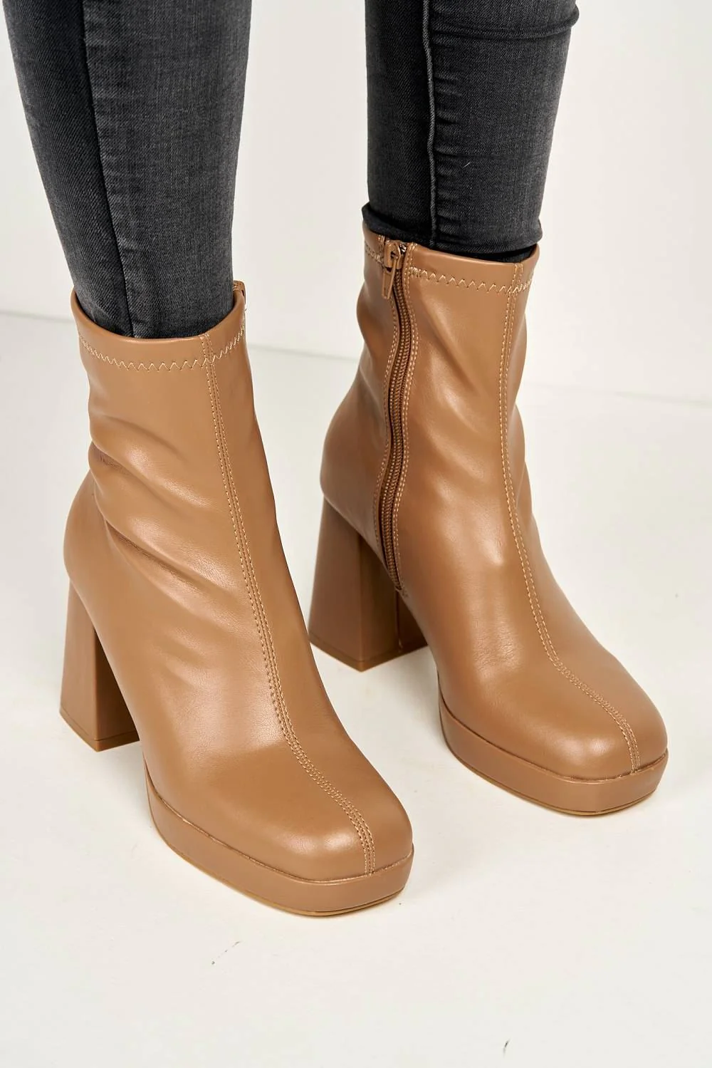 Katherine Platform Block Heel Ankle Boots in Camel - Image 3