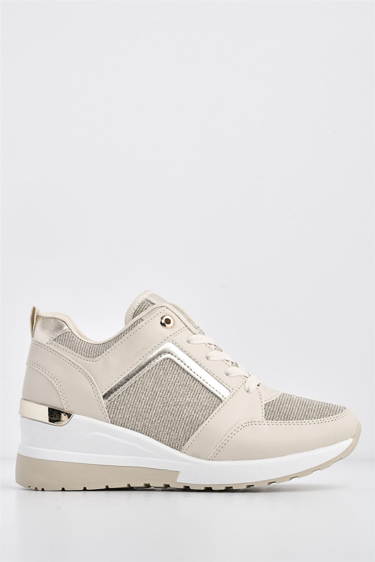 Katie Lace Up Trainer in PU Leather and Metal Detailing in Beige - Image 3