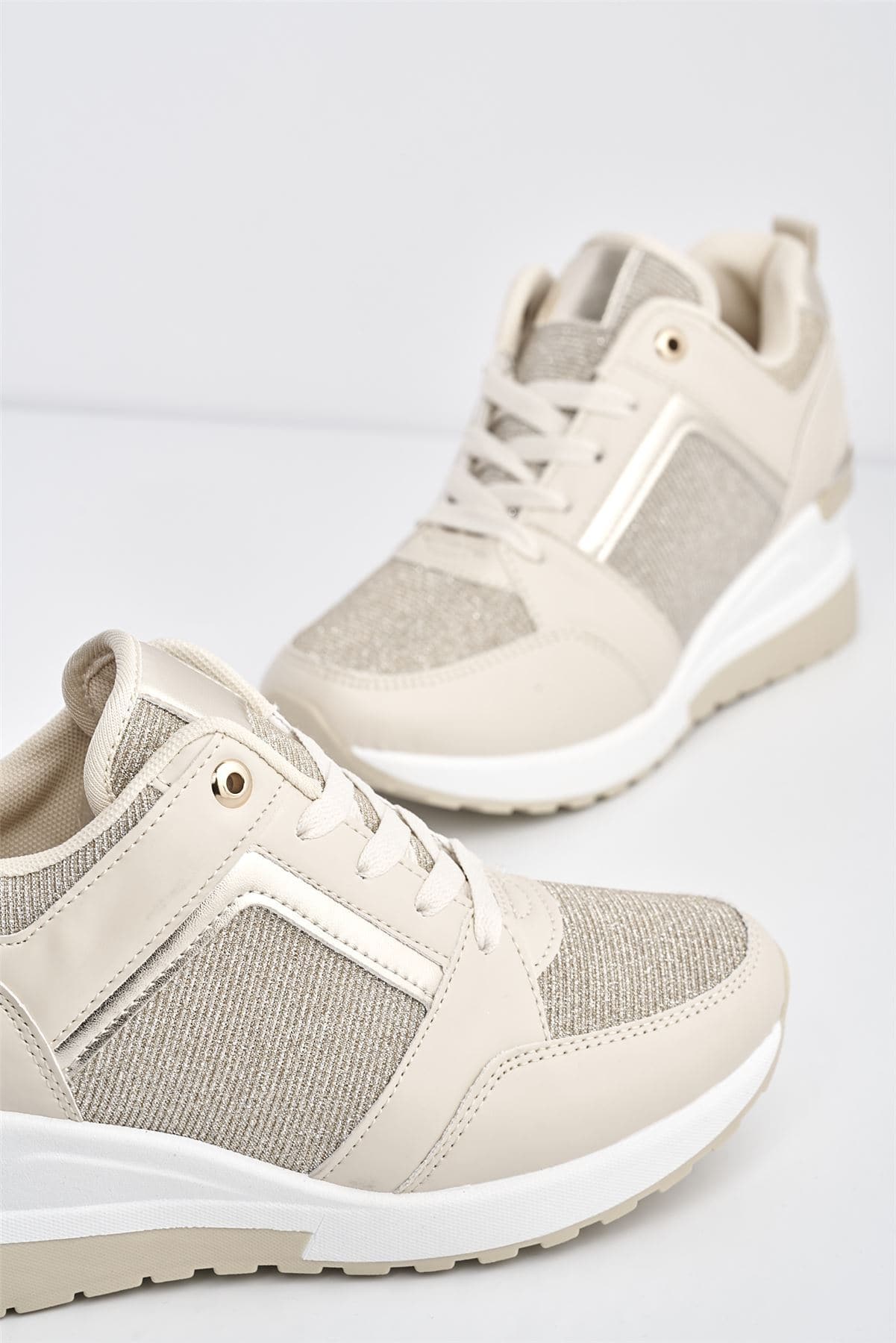 Katie Lace Up Trainer in PU Leather and Metal Detailing in Beige - Image 4