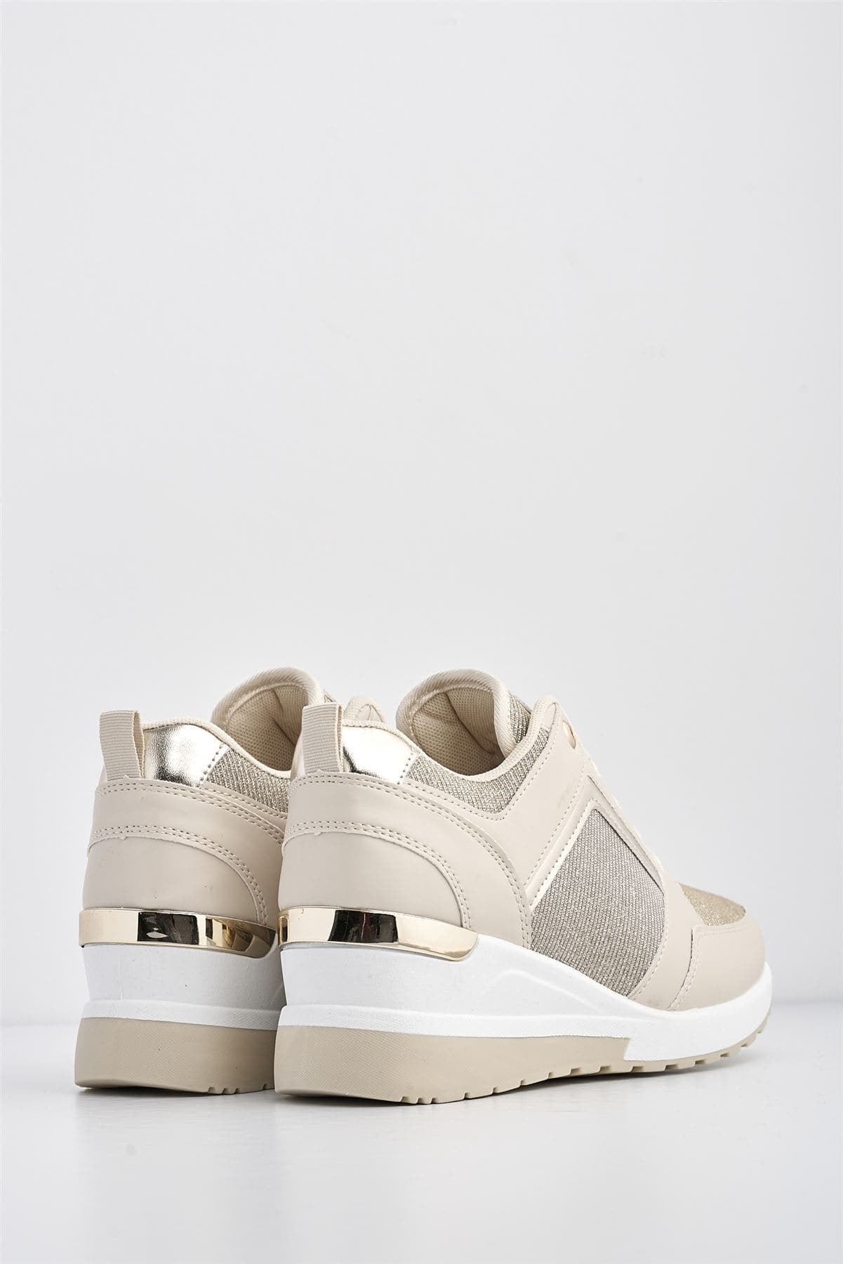Katie Lace Up Trainer in PU Leather and Metal Detailing in Beige - Image 5