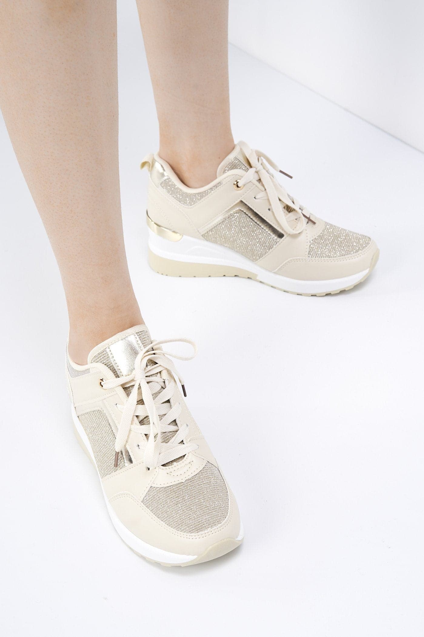 Katie Lace Up Trainer in PU Leather and Metal Detailing in Beige - Image 6