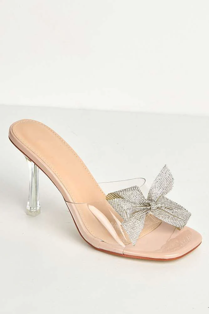 Kaya Diamante Bow Detail Perspex Mules in Nude - Image 4