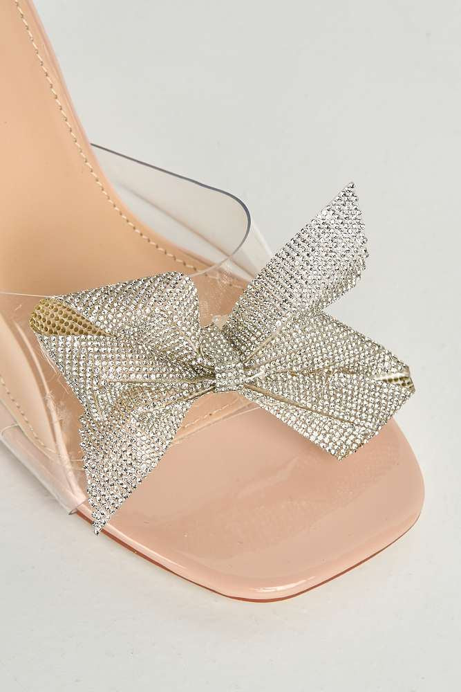 Kaya Diamante Bow Detail Perspex Mules in Nude - Image 5