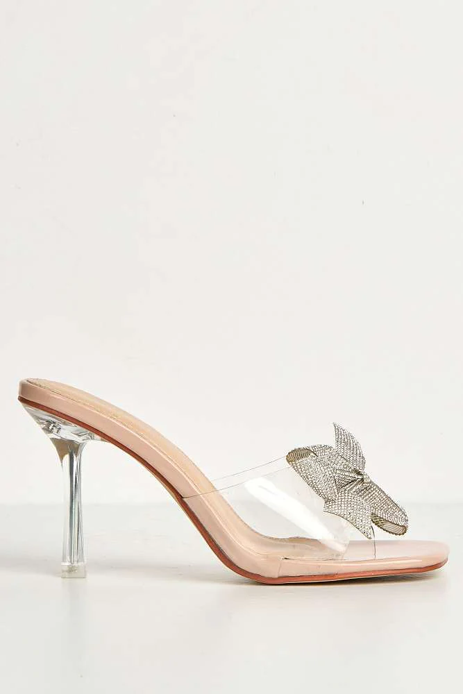 Kaya Diamante Bow Detail Perspex Mules in Nude - Image 6