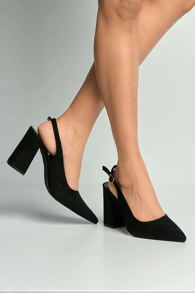 Kayra Pointed Toe Slingback Block Heel Court Shoes in Black Suede