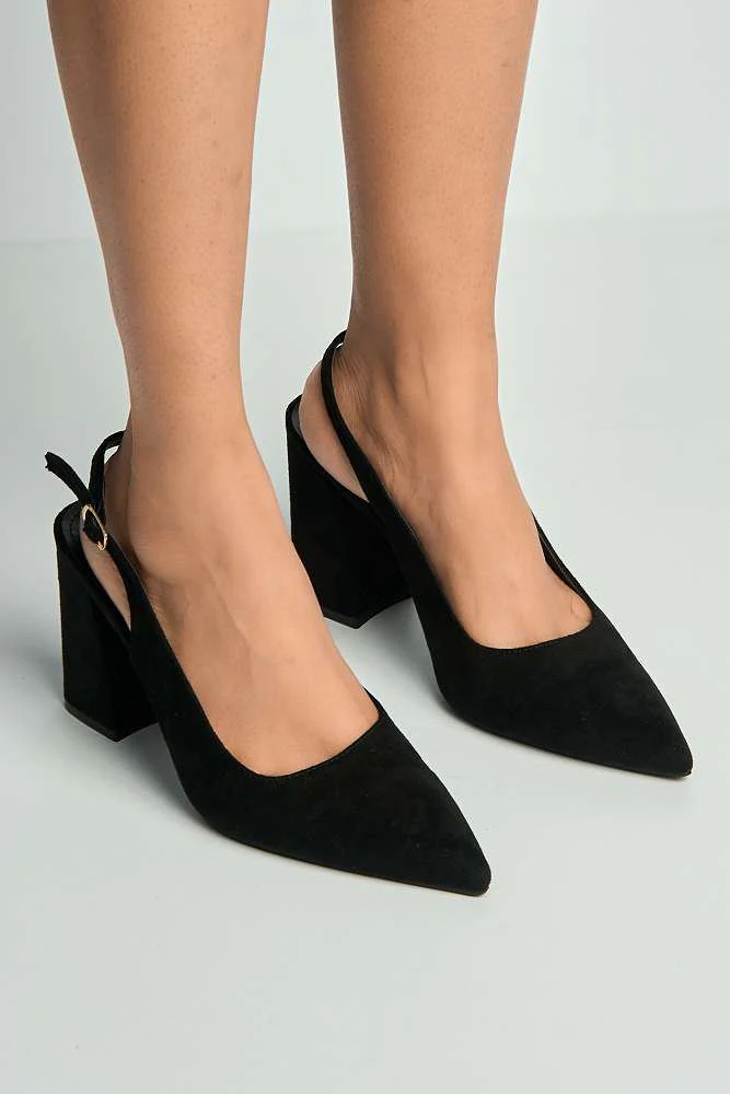 Kayra Pointed Toe Slingback Block Heel Court Shoes in Black Suede - Image 2