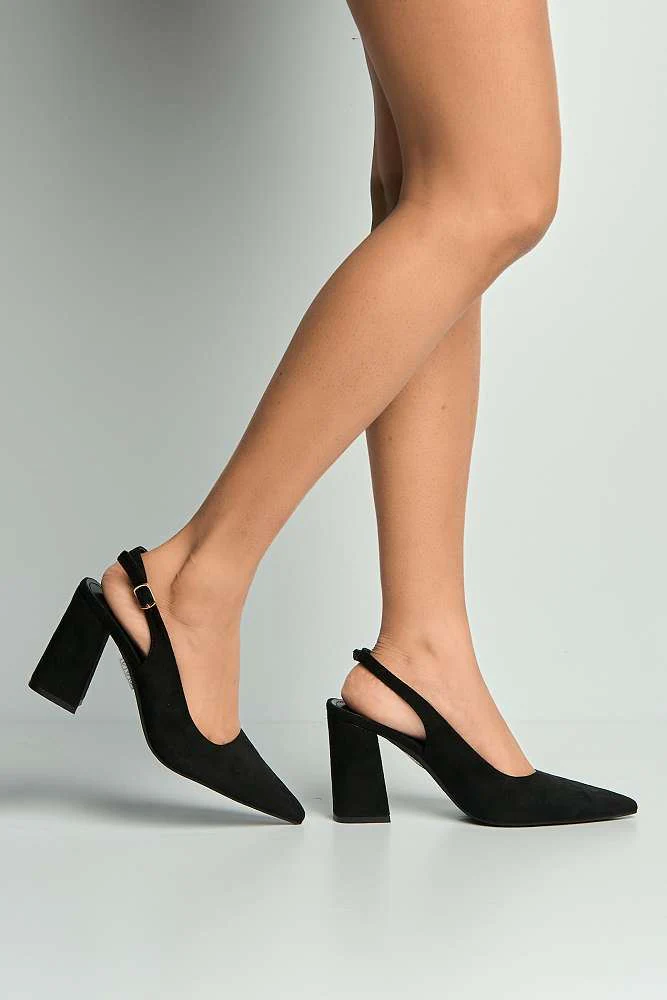 Kayra Pointed Toe Slingback Block Heel Court Shoes in Black Suede - Image 3
