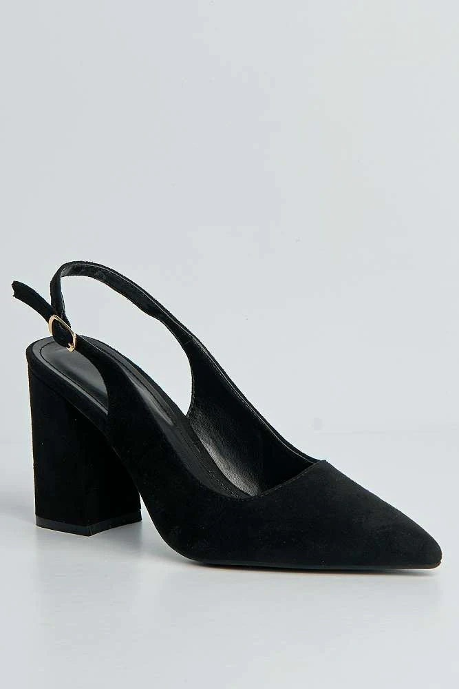 Kayra Pointed Toe Slingback Block Heel Court Shoes in Black Suede - Image 4