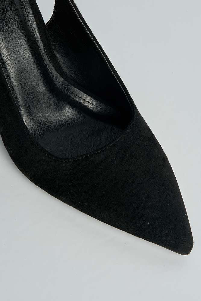Kayra Pointed Toe Slingback Block Heel Court Shoes in Black Suede - Image 5