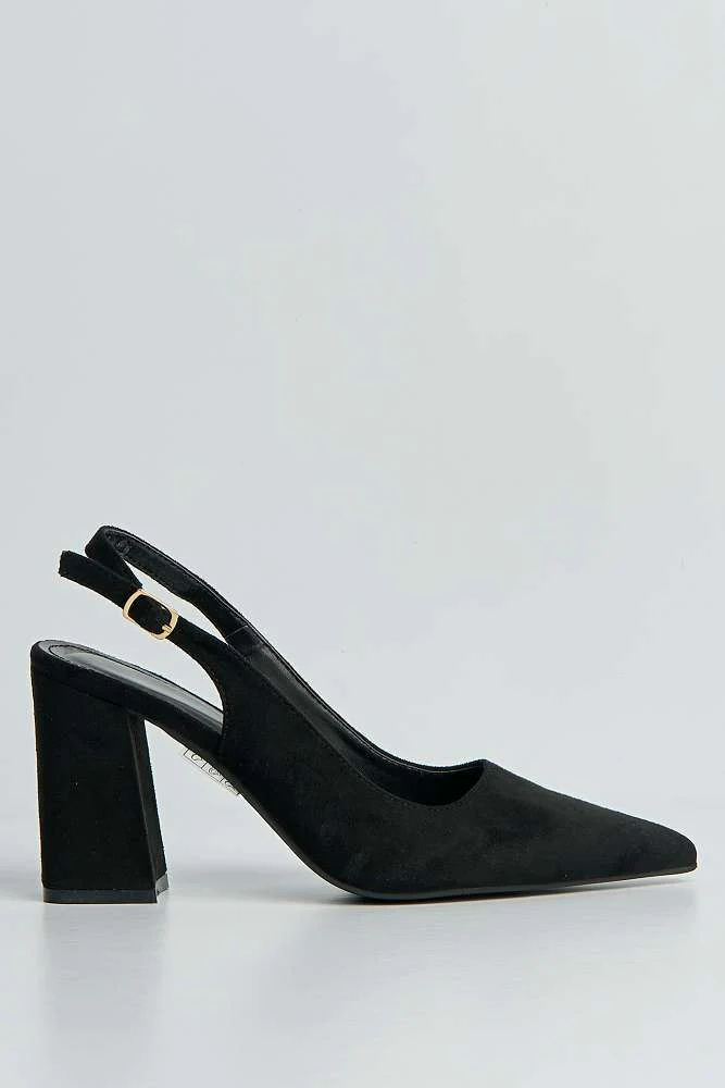 Kayra Pointed Toe Slingback Block Heel Court Shoes in Black Suede - Image 6