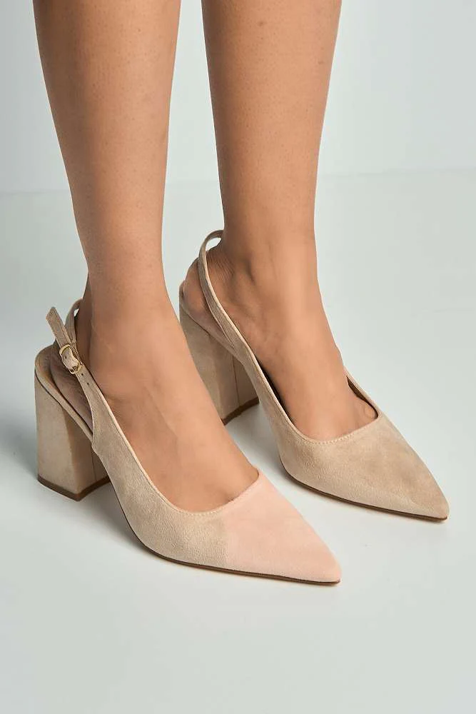 Kayra Pointed Toe Slingback Block Heel Court Shoes in Blush