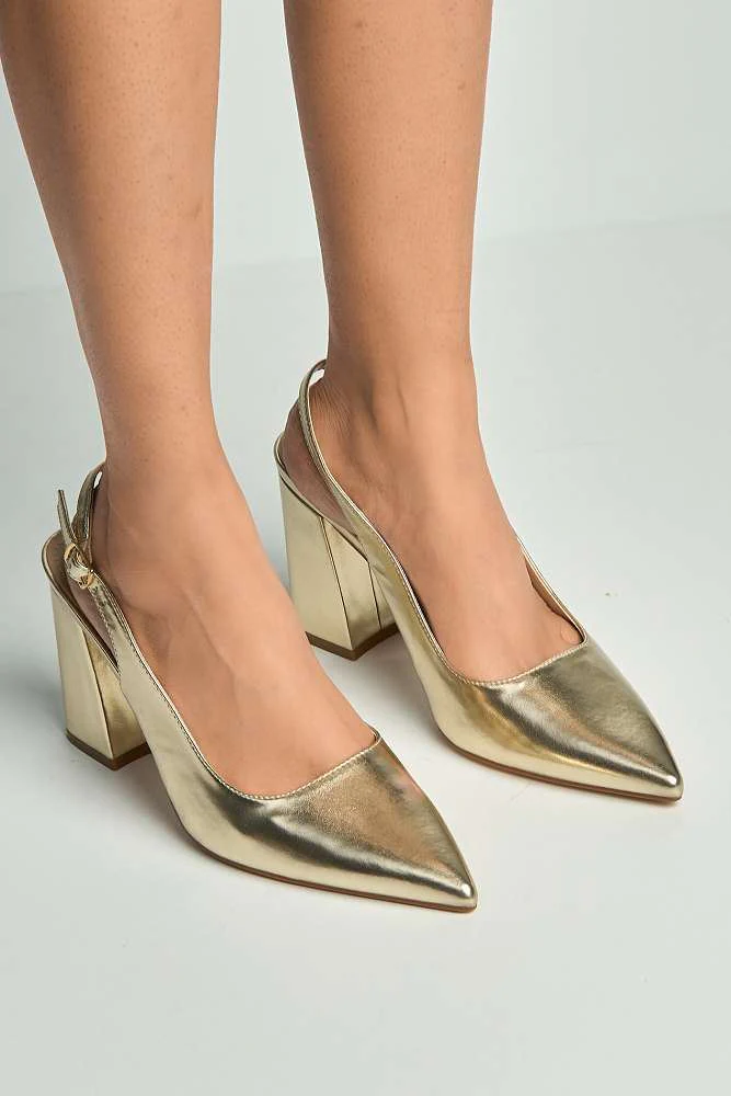 Kayra Pointed Toe Slingback Block Heel Court Shoes in Gold - Image 2