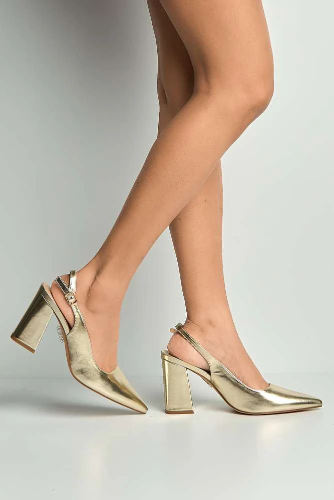 Kayra Pointed Toe Slingback Block Heel Court Shoes in Gold - Image 3