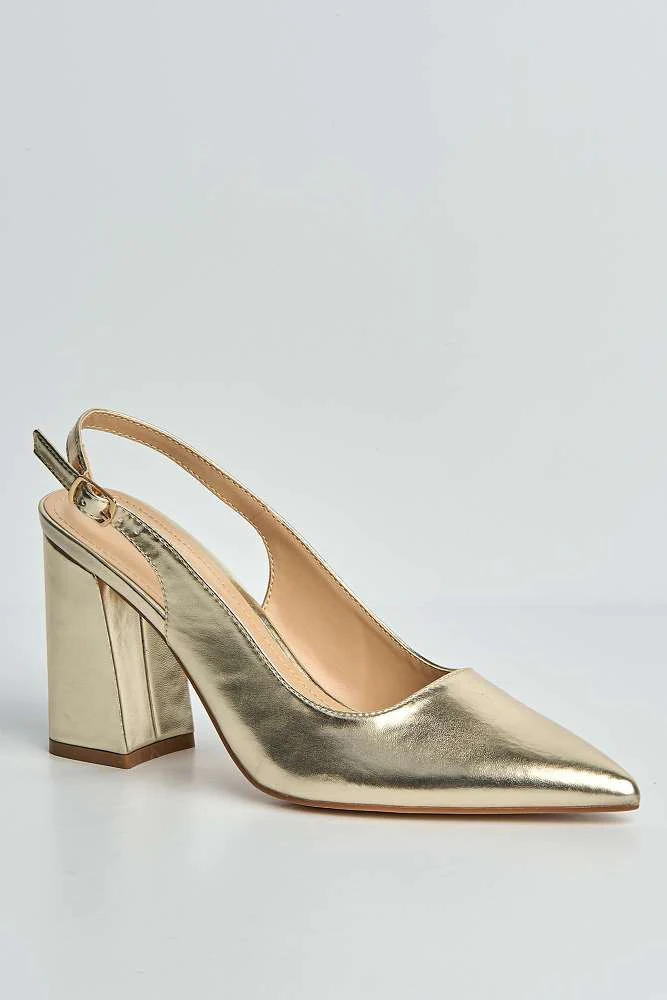 Kayra Pointed Toe Slingback Block Heel Court Shoes in Gold - Image 4