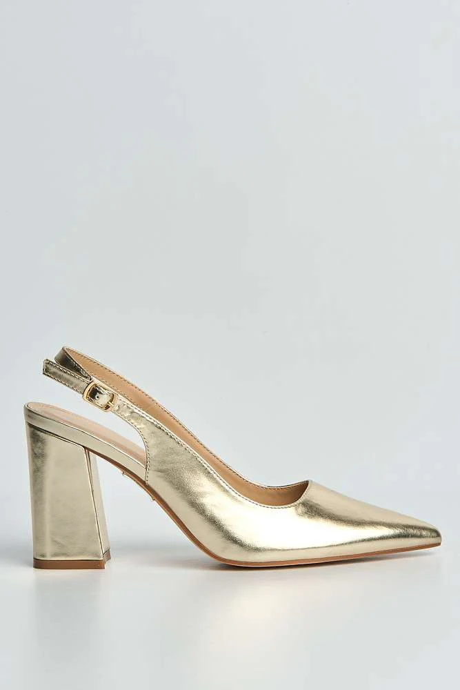 Kayra Pointed Toe Slingback Block Heel Court Shoes in Gold - Image 6