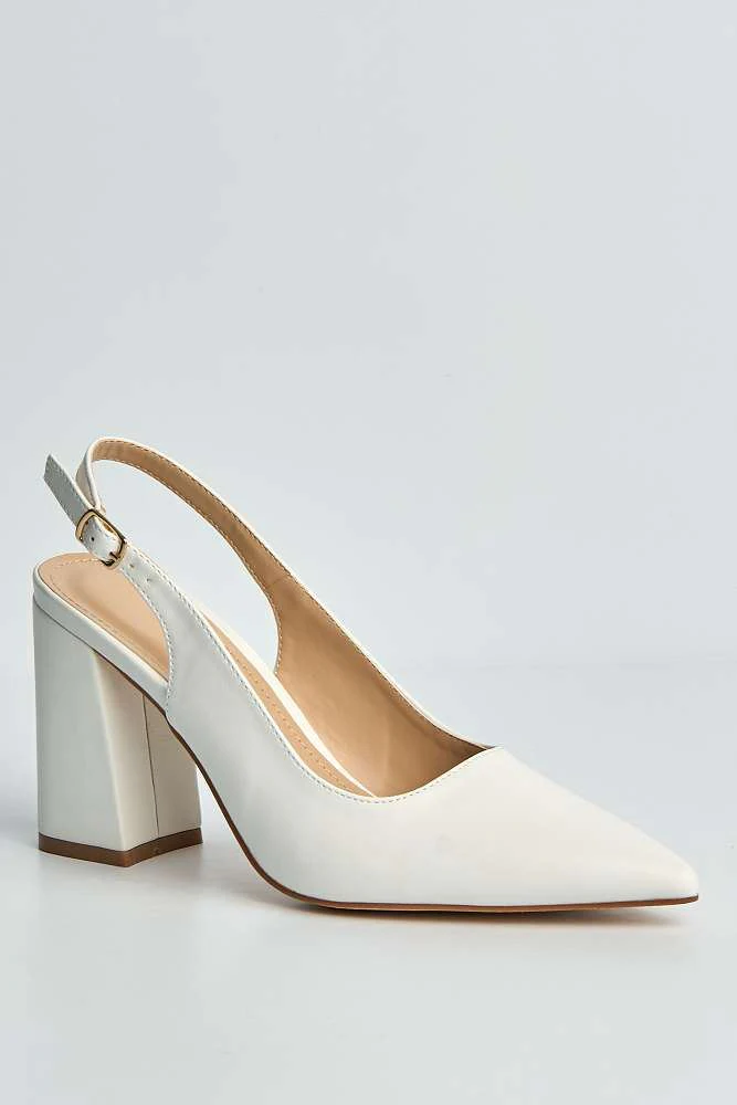 Kayra Pointed Toe Slingback Block Heel Court Shoes in White PU - Image 4