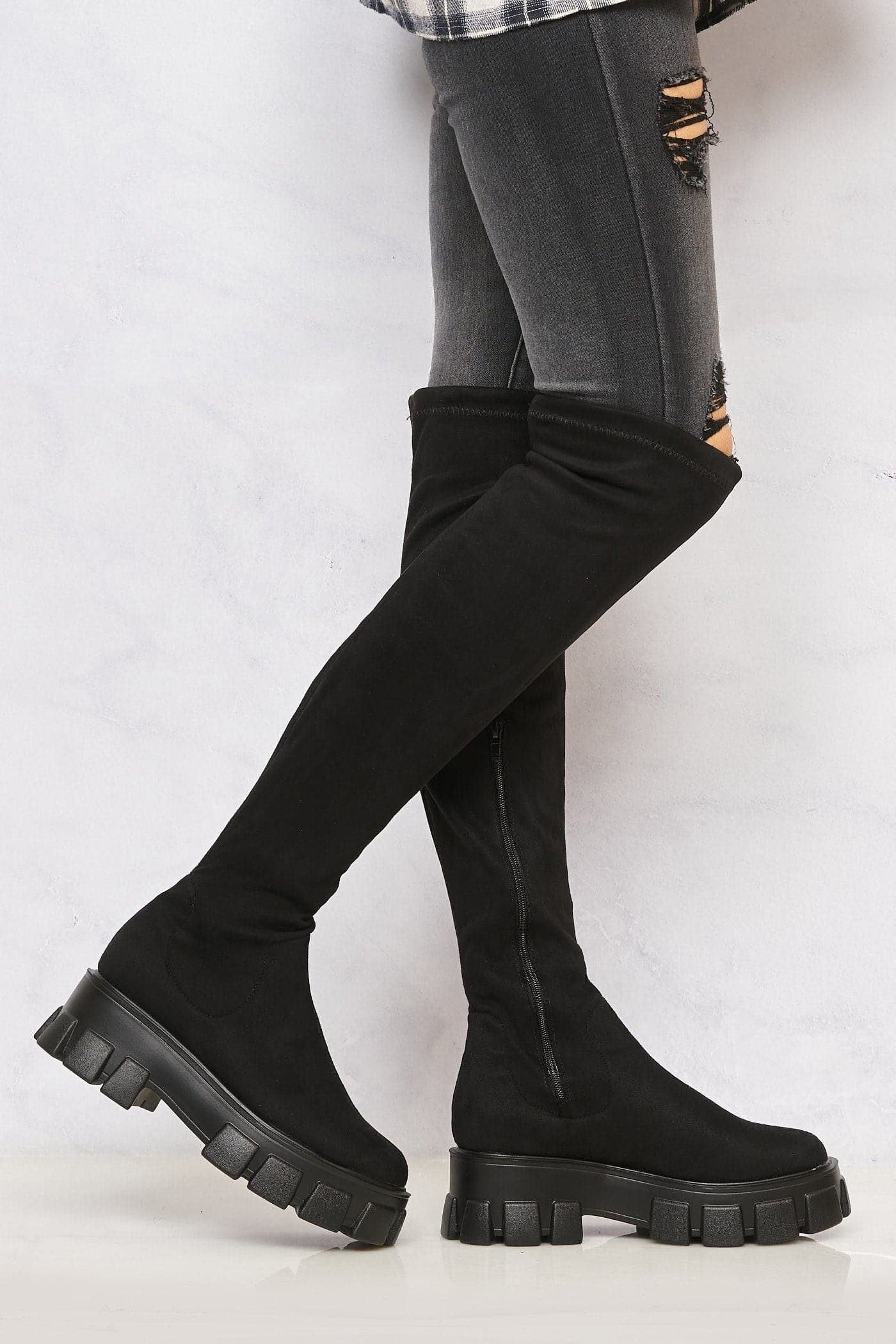 Keely Lycra Stretch OTK Boot in Black Suede - Image 2