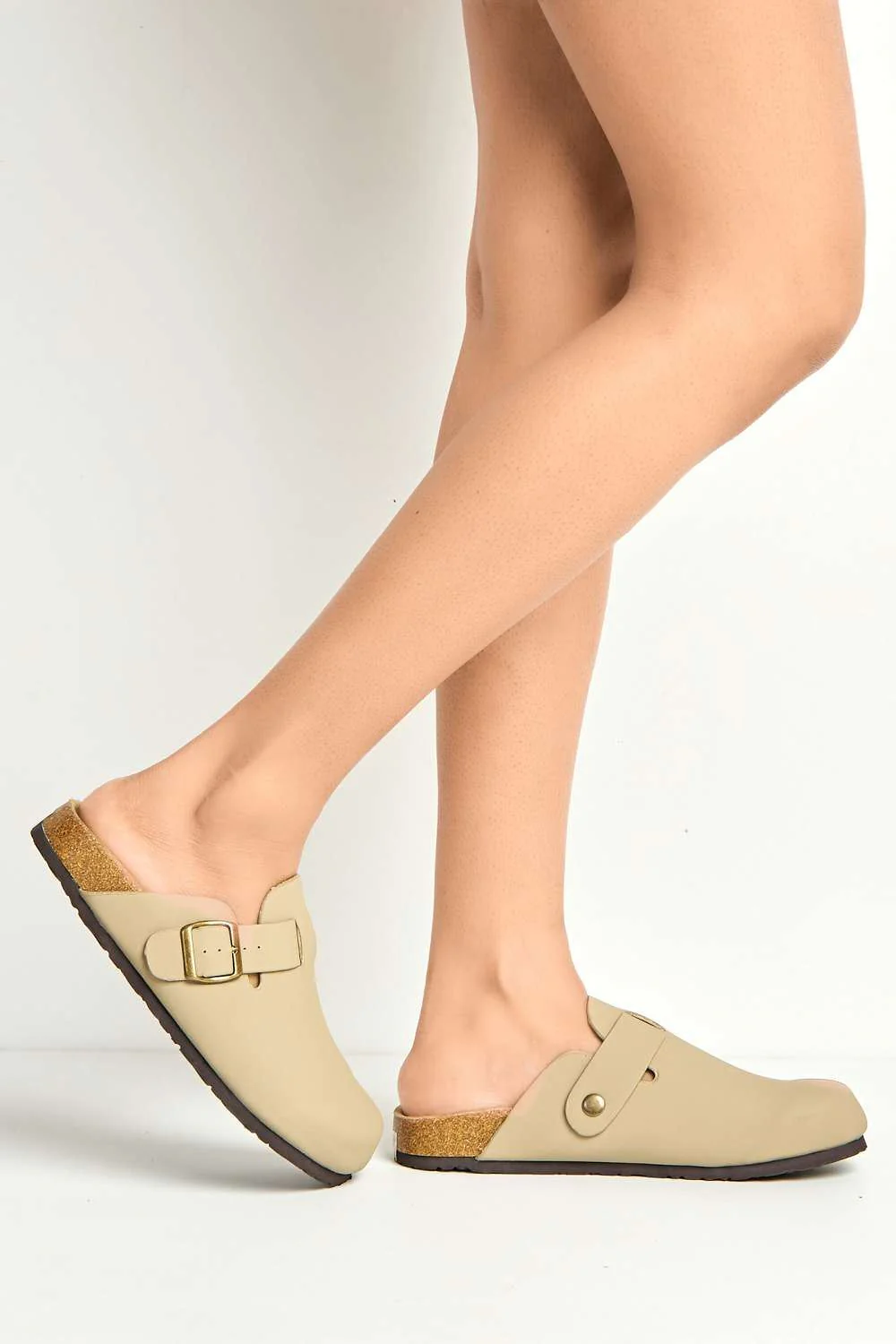 Klara Cork Sole Buckle Detail Clogs in Taupe - Image 2