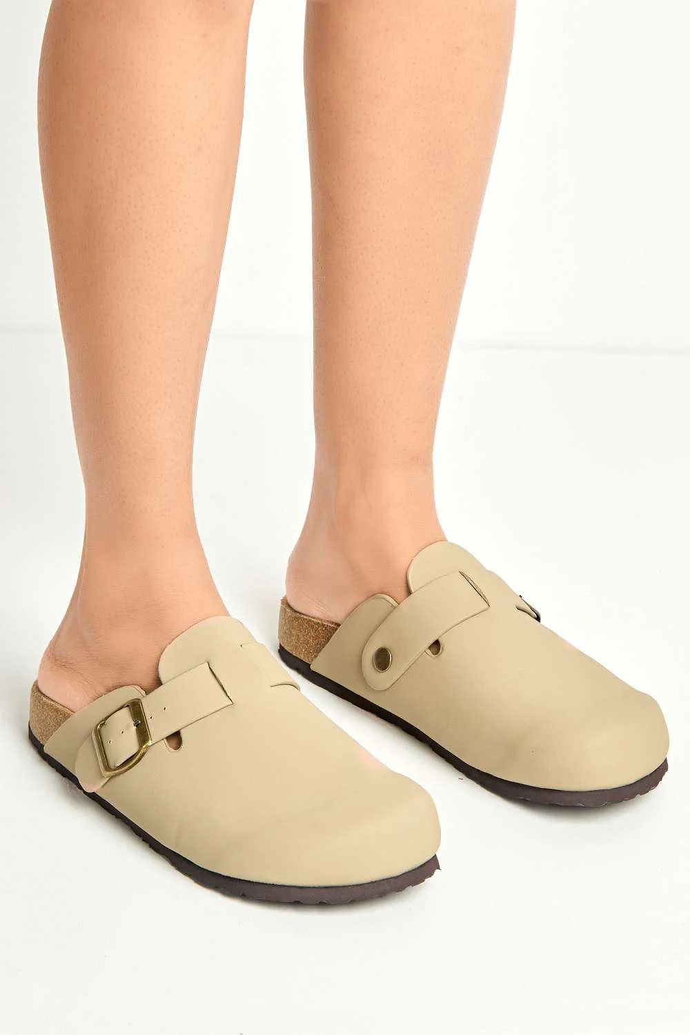 Klara Cork Sole Buckle Detail Clogs in Taupe - Image 3