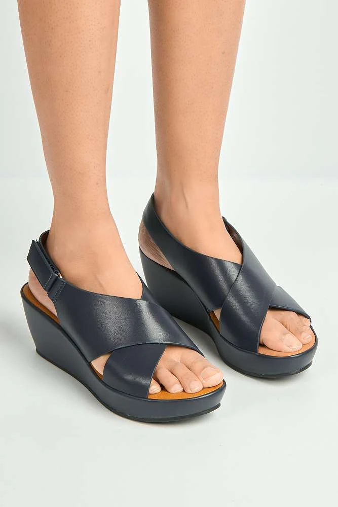 Klara Criss-Cross Straps Wedge Sandals in Navy